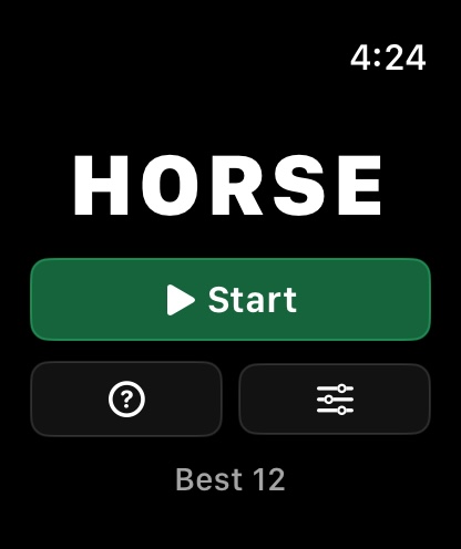 HORSE home screen with Start, Help, Settings, and best score