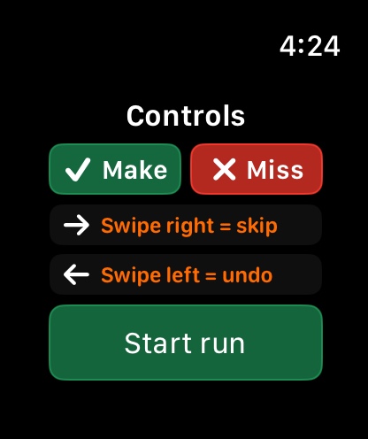 HORSE controls screen showing make, miss, swipe right to skip, and swipe left to undo
