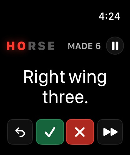 HORSE calling a right wing three on Apple Watch with make, miss, undo, and skip controls