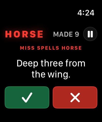 HORSE Outdoor mode with large make and miss controls and a final-letter warning