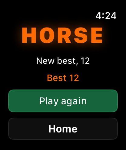 HORSE game-over screen showing a new best score